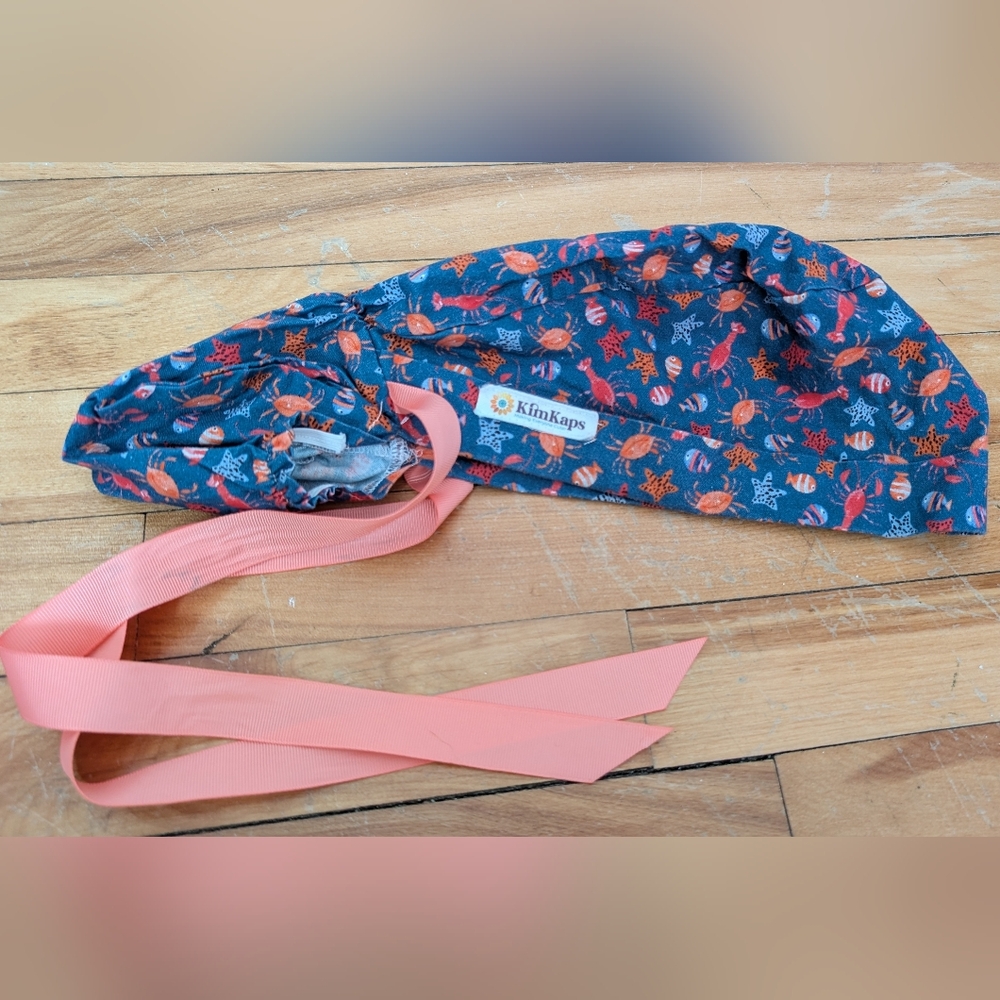 KimKaps Blue and Coral Ponytail Scrub Cap